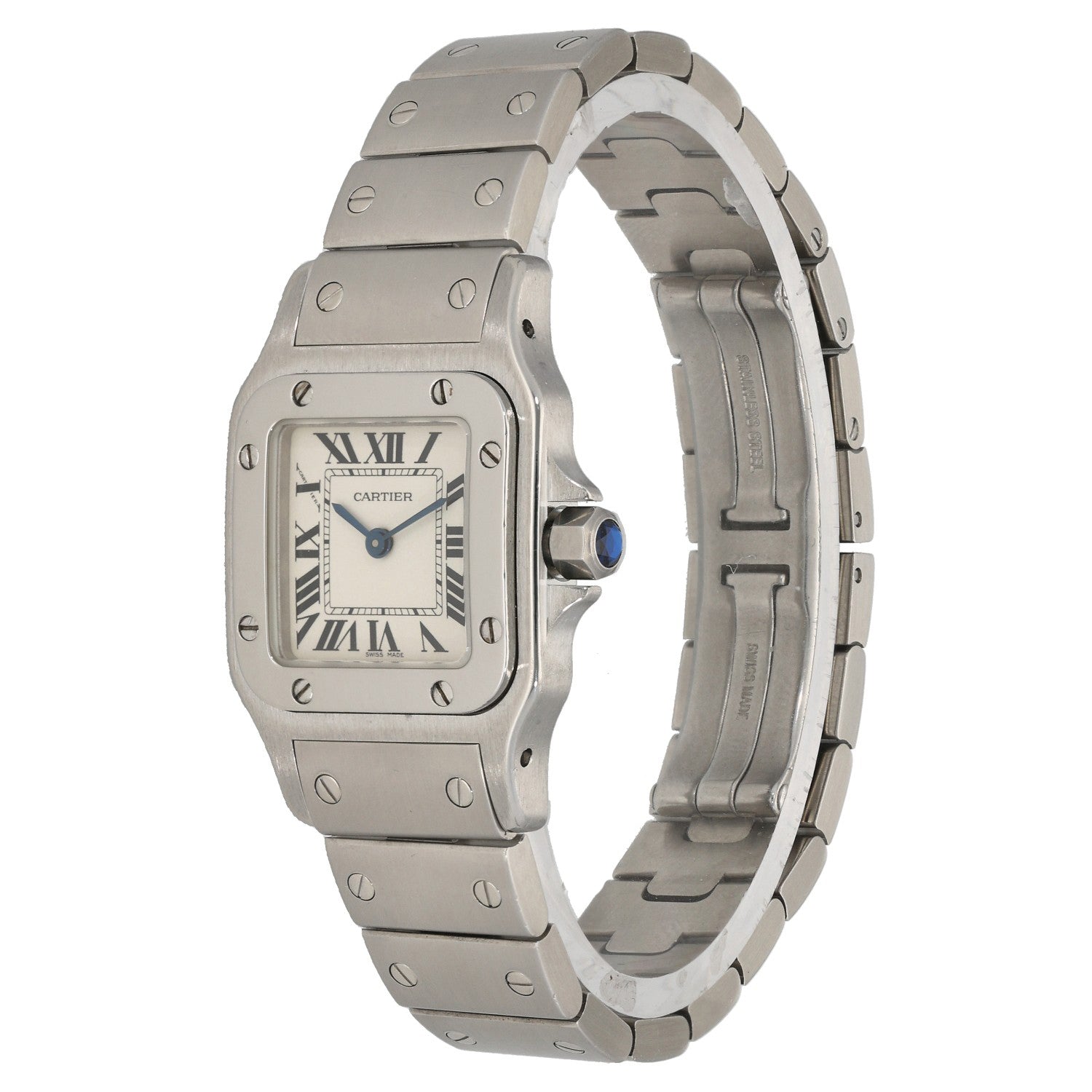 Cartier Santos Galbee W20056D6, cream dial inside stainless steel case and bracelet, front angle image