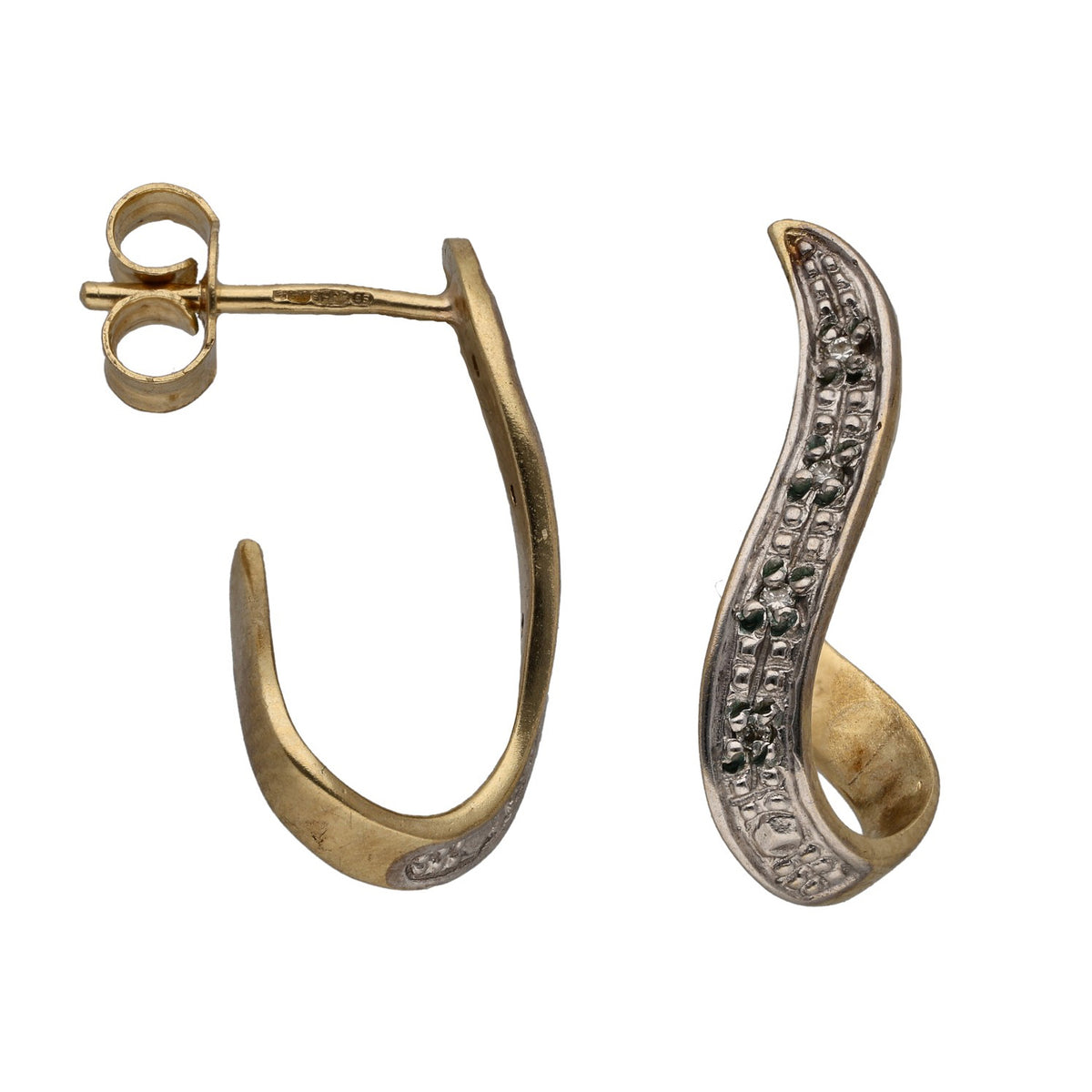 9ct gold hoop earrings with round diamond accents, hinged back