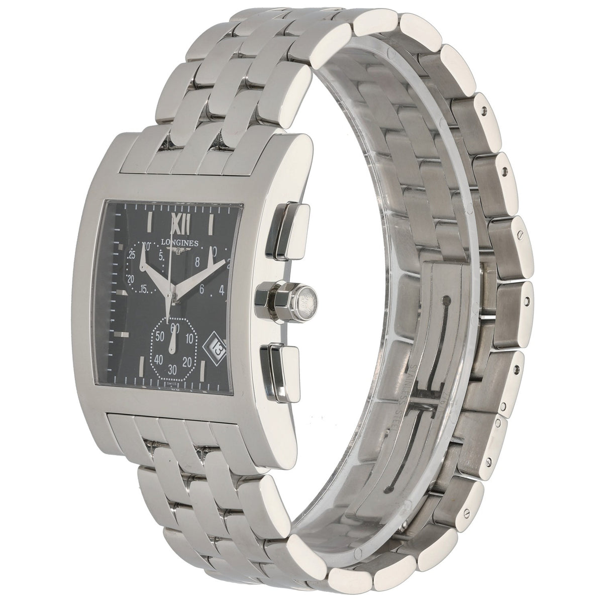 Longines DolceVita l5.668.4 Stainless steel square watch with black dial and bracelet, side profile
