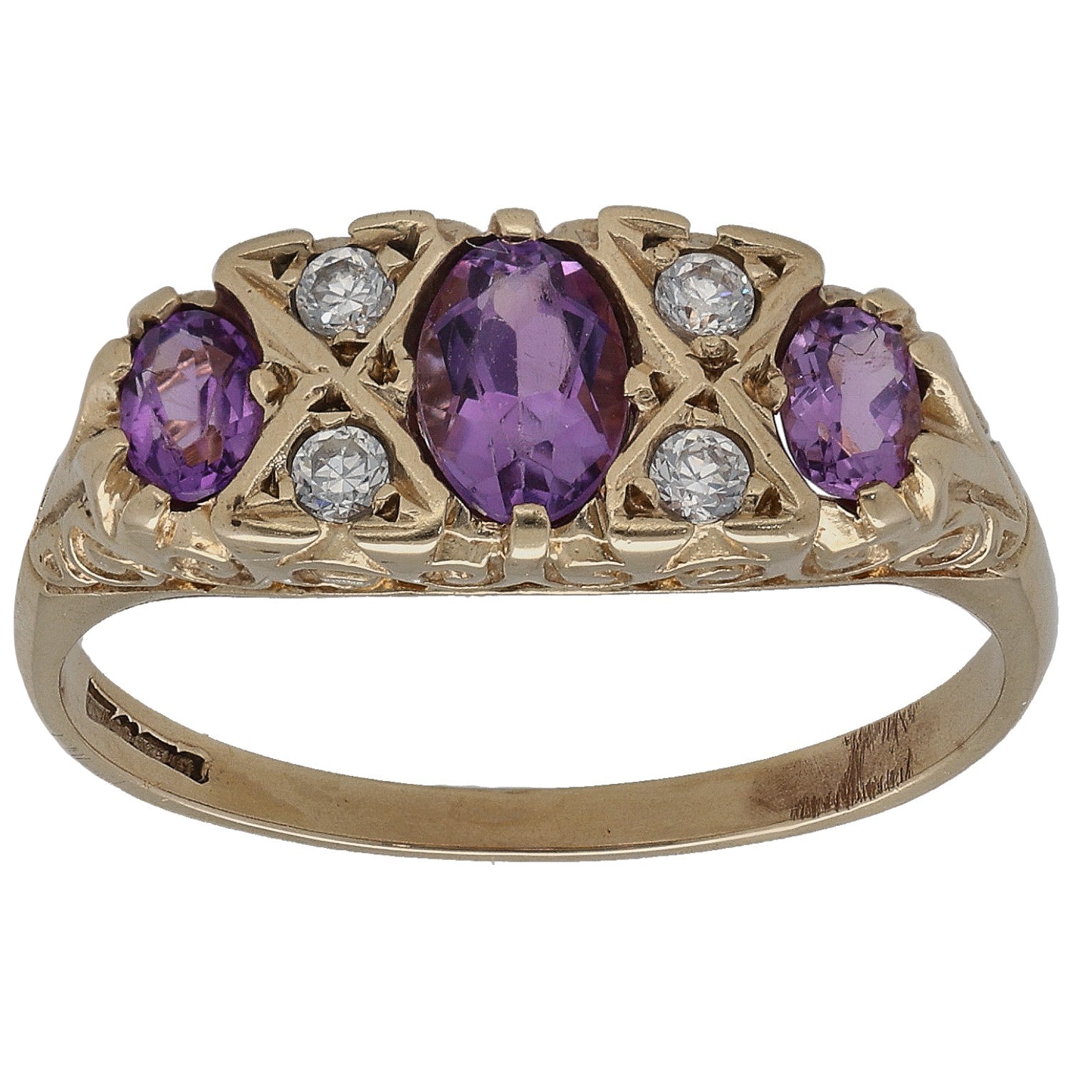 Gold dress ring with oval amethyst center, purple stones and round CZ accents