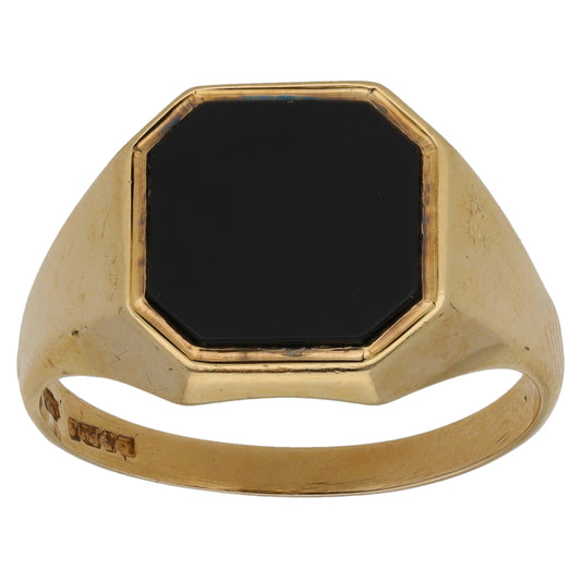 9ct Gold Onyx Patterned Single Stone Signet Ring Size O