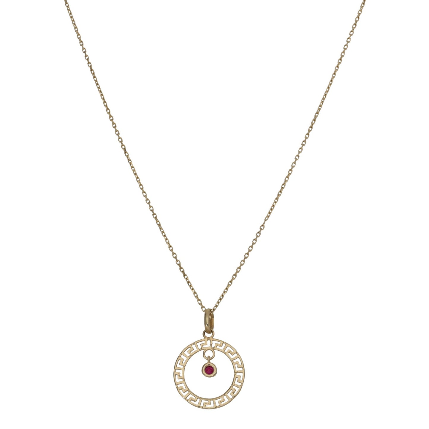 Gold-tone round pendant necklace with red faux-ruby center and Greek-key border
