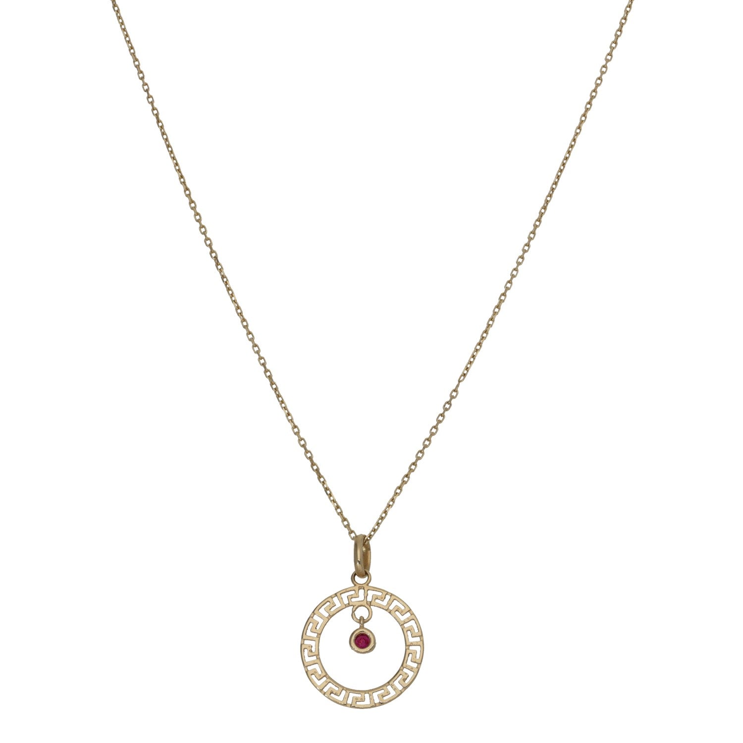 Gold-tone round pendant necklace with red faux-ruby center and Greek-key border