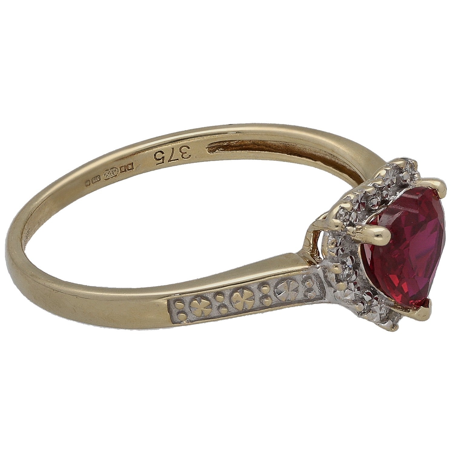 Gold ring with heart-cut red gemstone solitaire and diamond-like side stones