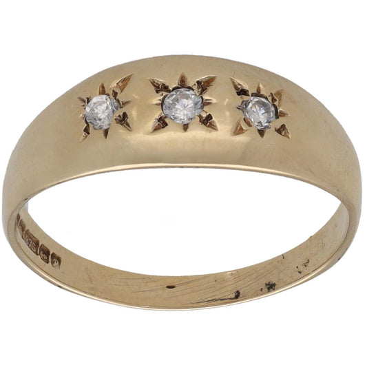 9ct gold three-stone CZ ring with three round stones in star prong settings