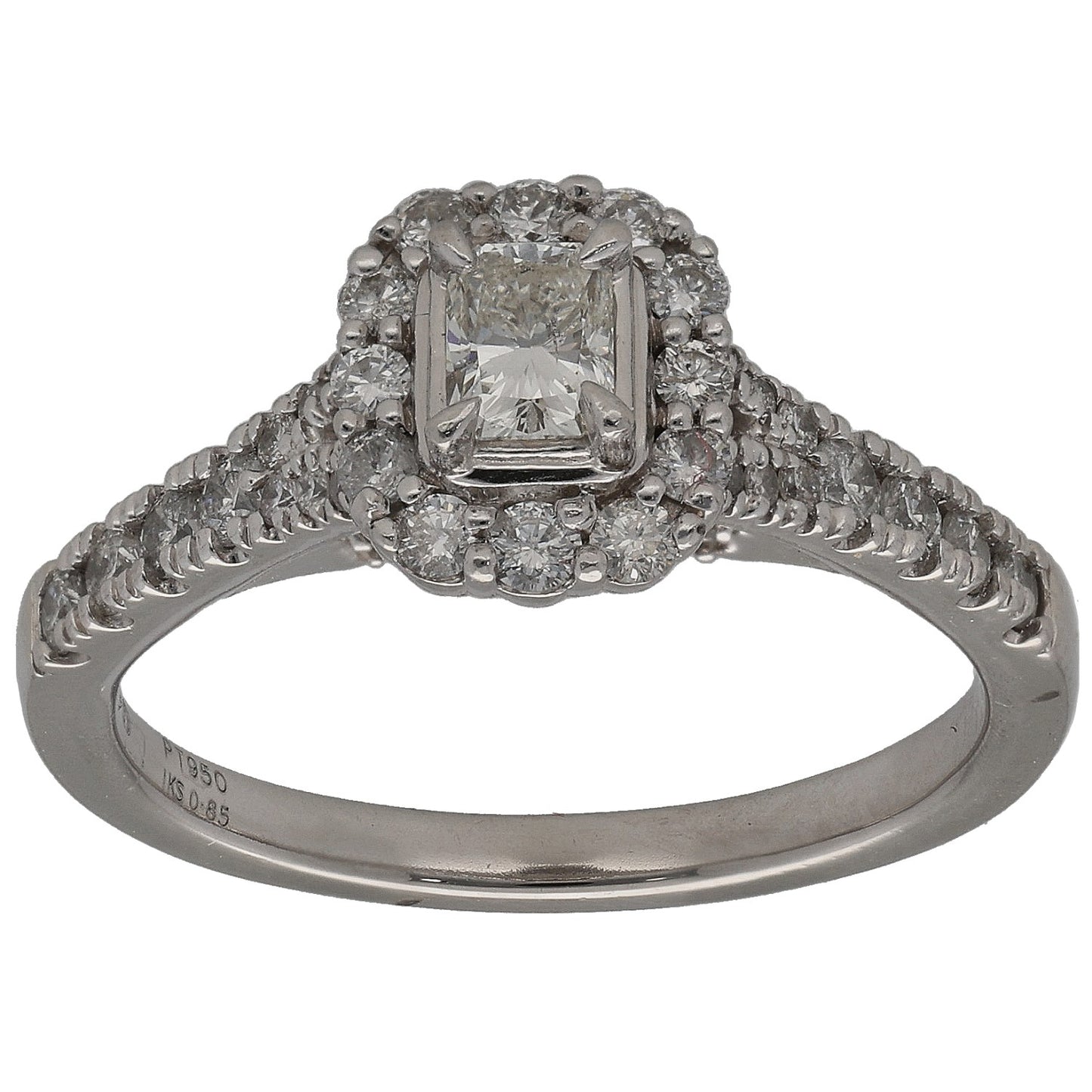Platinum diamond cluster ring with square center stone and round halo accents