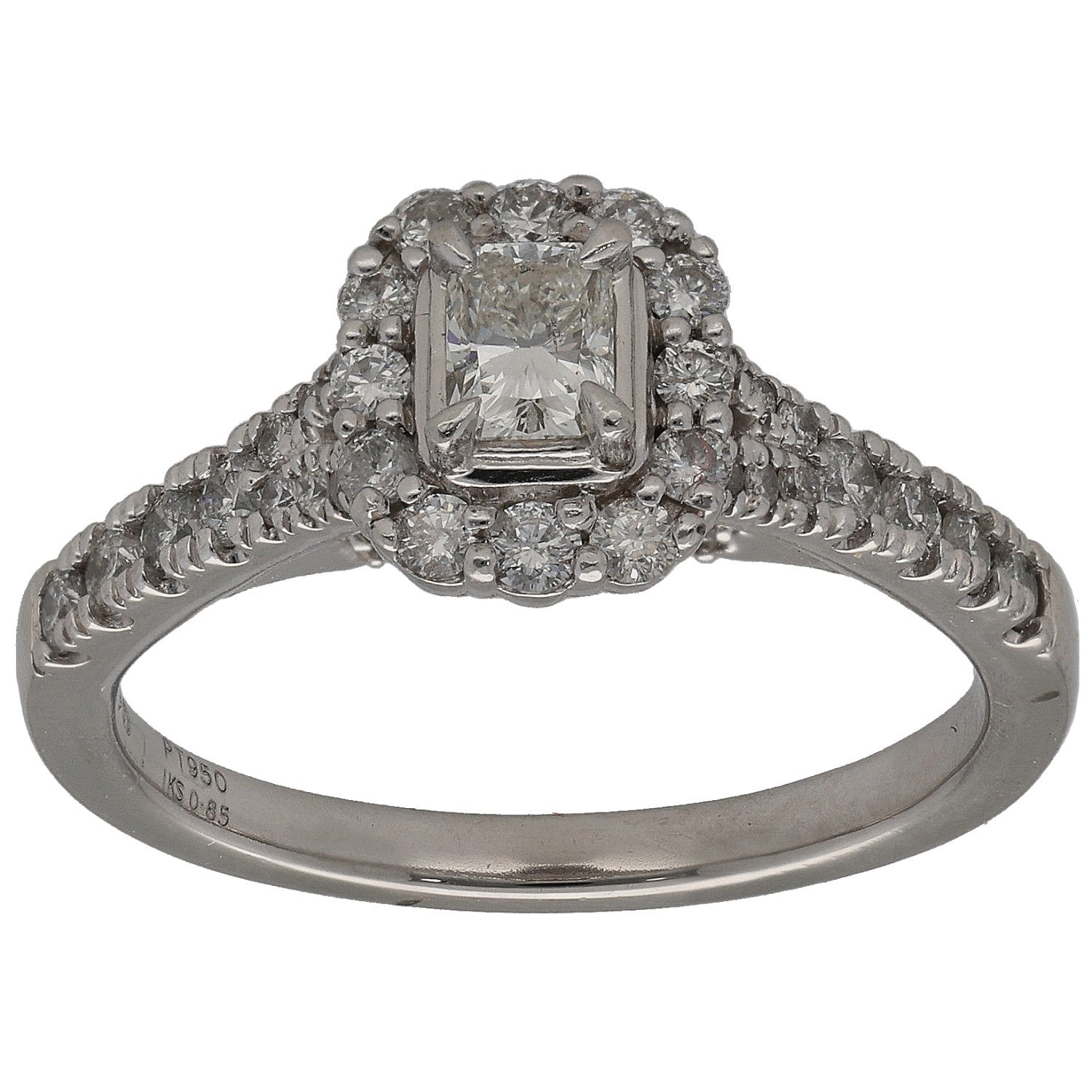 Platinum diamond cluster ring with square center stone and round halo accents