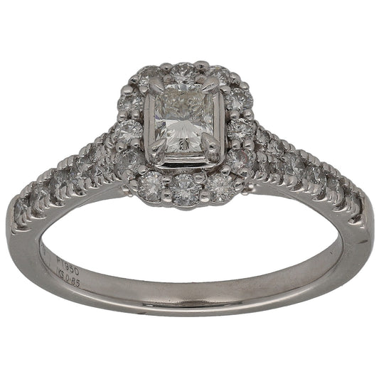 Platinum diamond cluster ring with square center stone and round halo accents
