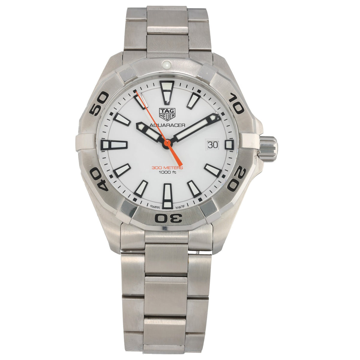 Stainless steel Tag Heuer Aquaracer WBD1111 wristwatch, white dial with black markers and orange seconds hand