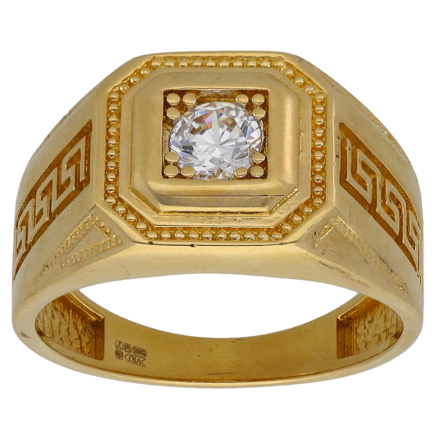 14ct Gold Cubic Zirconia Patterned Single Stone Signet Ring Size V