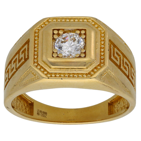 14ct Gold Cubic Zirconia Patterned Single Stone Signet Ring Size V