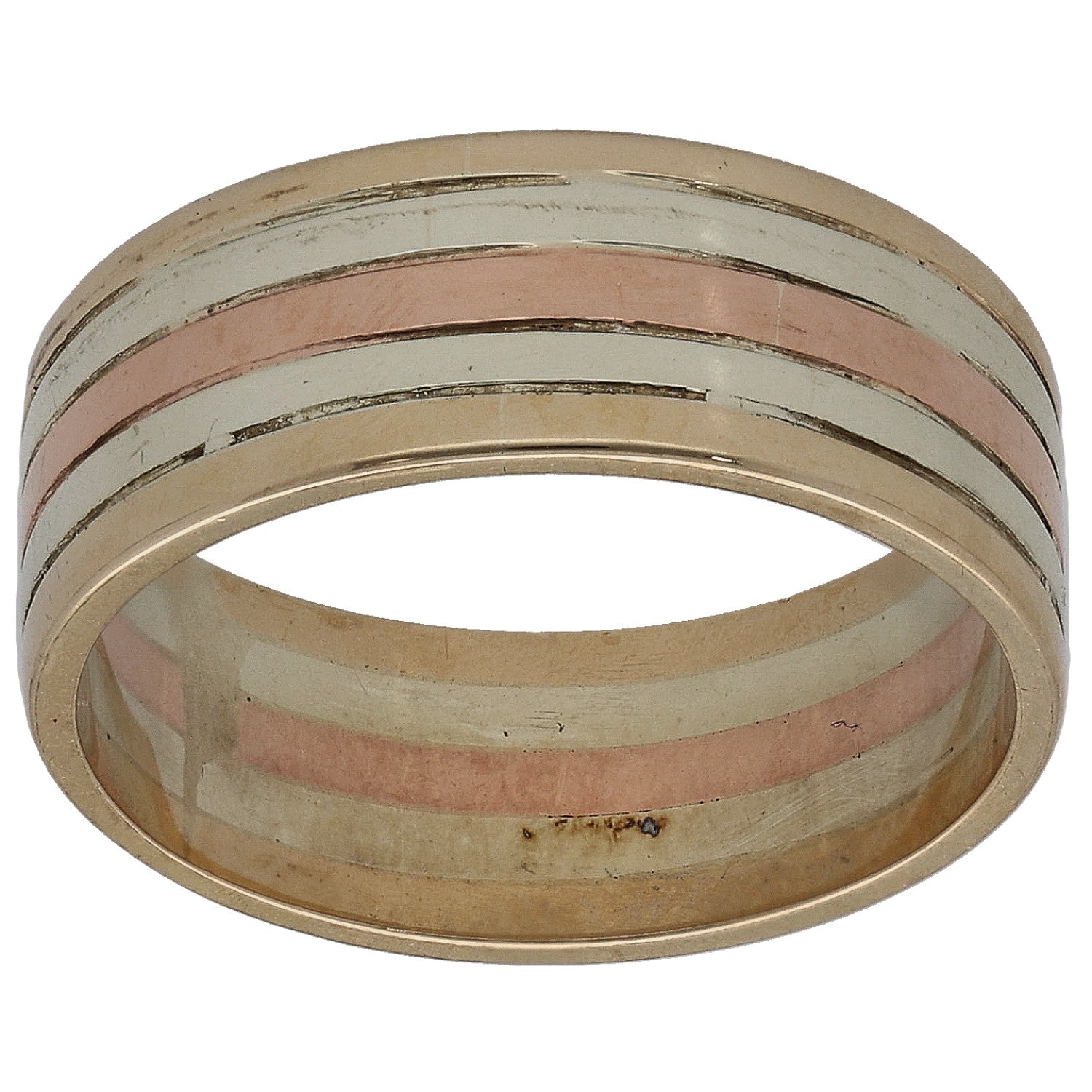 Bicolour gold patterned wedding ring with alternating gold and rose bands