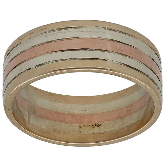 Bicolour gold patterned wedding ring with alternating gold and rose bands