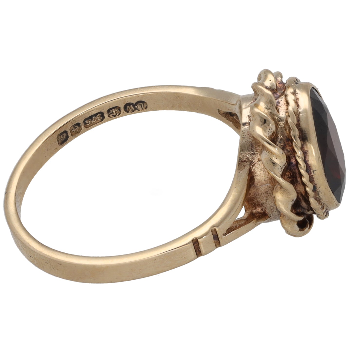 9ct gold ring band with hallmarks and dark red garnet side setting