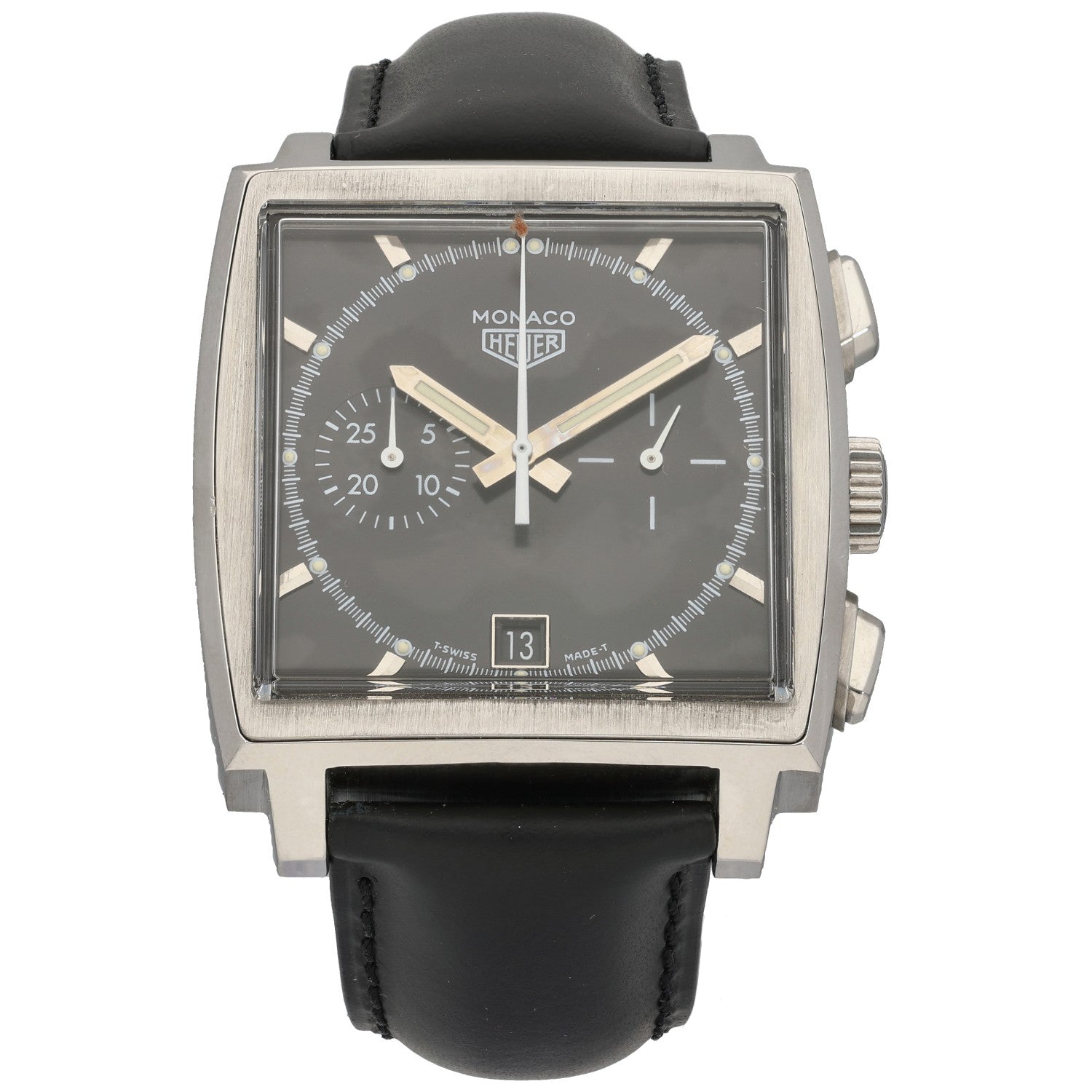 Tag Heuer Monaco CS2110 stainless steel watch, black dial and black leather strap, rectangular case