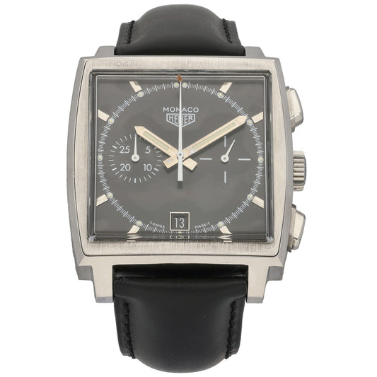 Tag Heuer Monaco CS2110 stainless steel watch, black dial and black leather strap, rectangular case