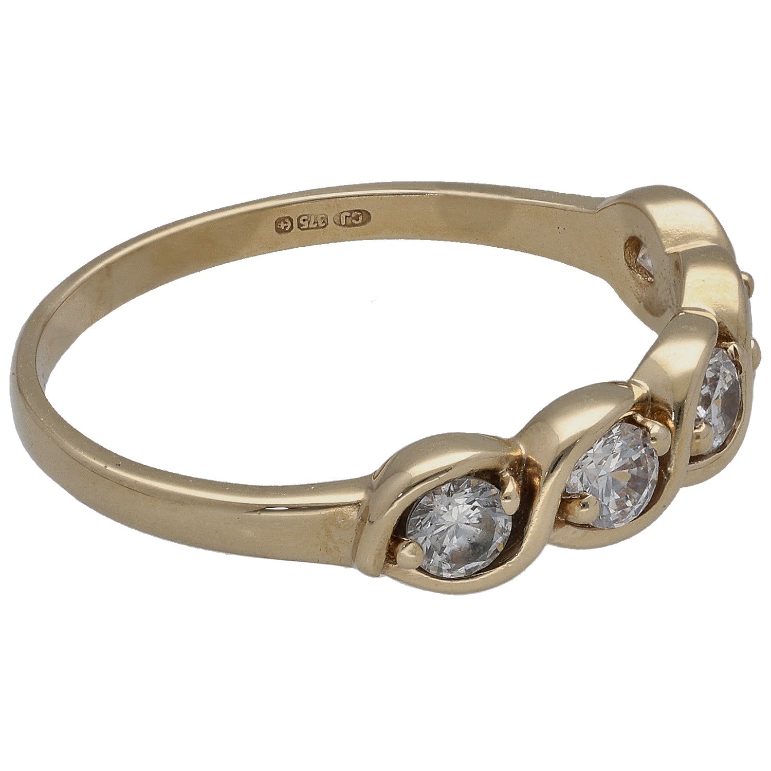 Side view of gold CZ half-eternity ring with round stones on the top half