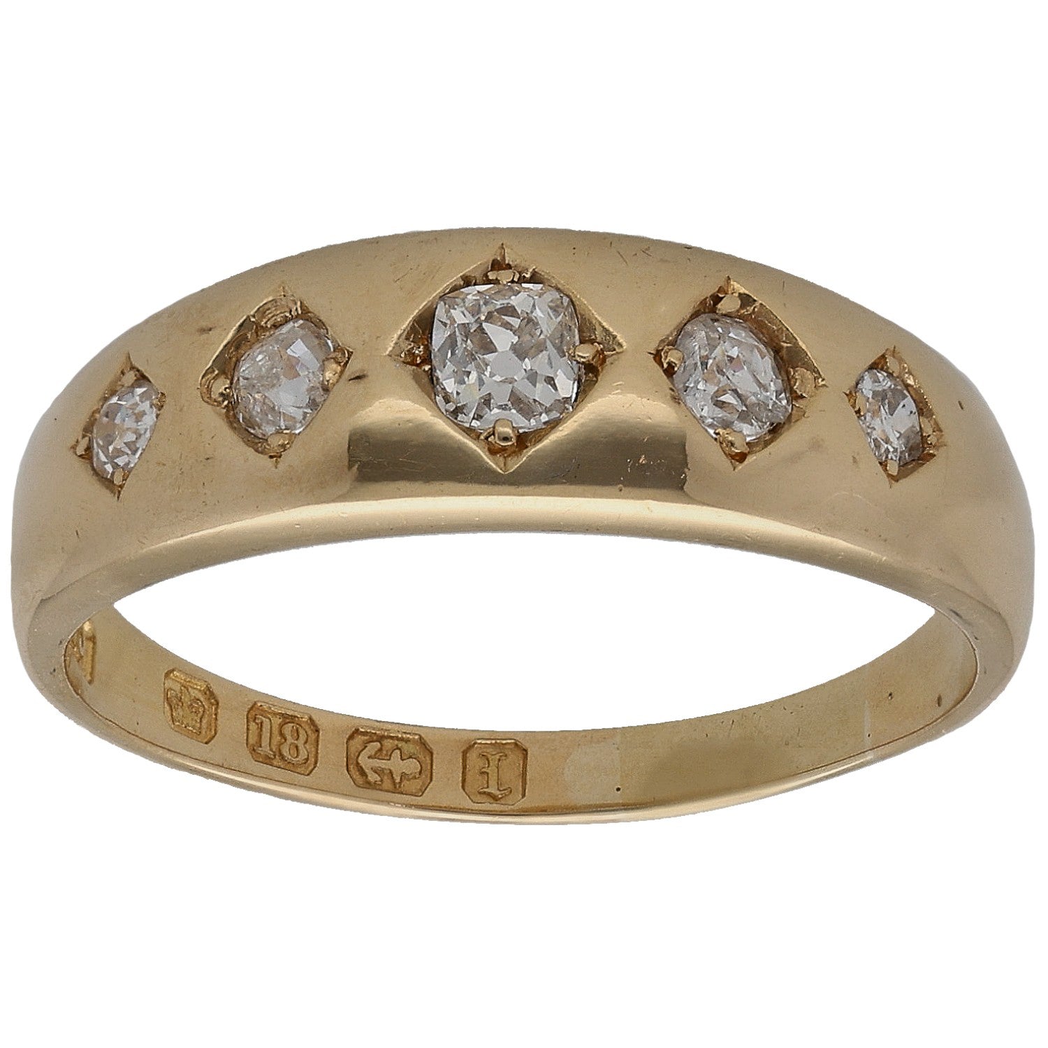 Gold diamond cluster ring with five round stones in Victorian-style settings