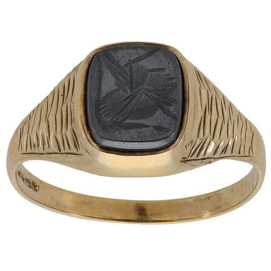 9ct Gold Hematite Crest/Emblem Signet Ring Size S