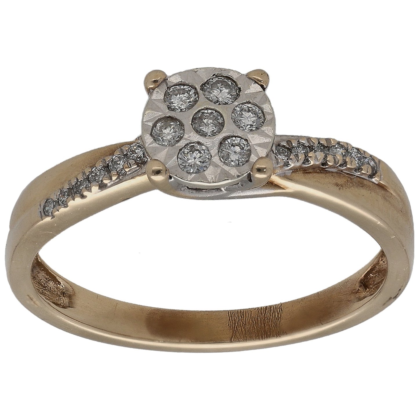 9ct yellow gold cluster ring with round diamonds in a circular halo