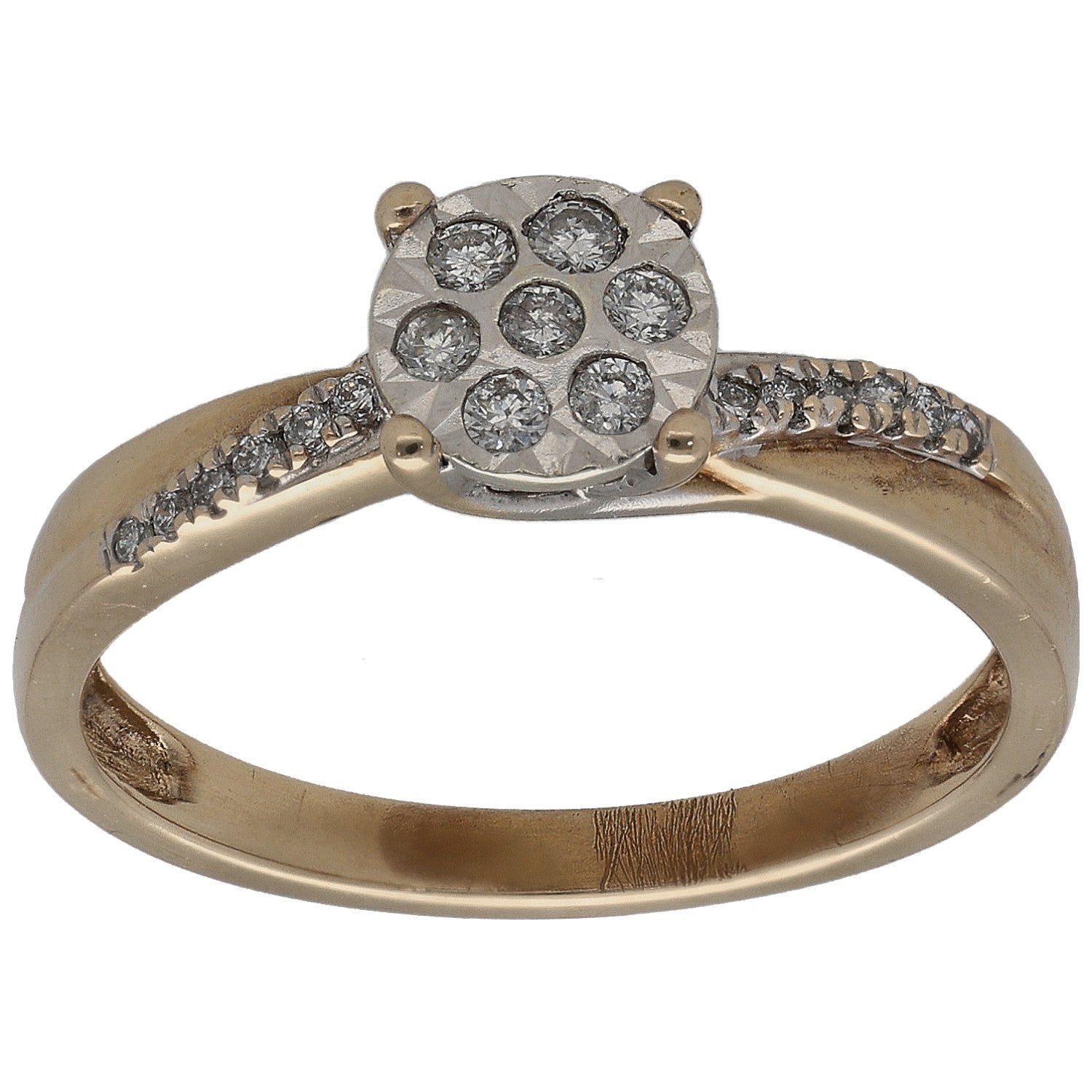 9ct yellow gold cluster ring with round diamonds in a circular halo