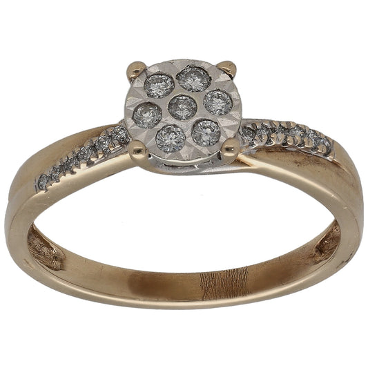 9ct yellow gold cluster ring with round diamonds in a circular halo