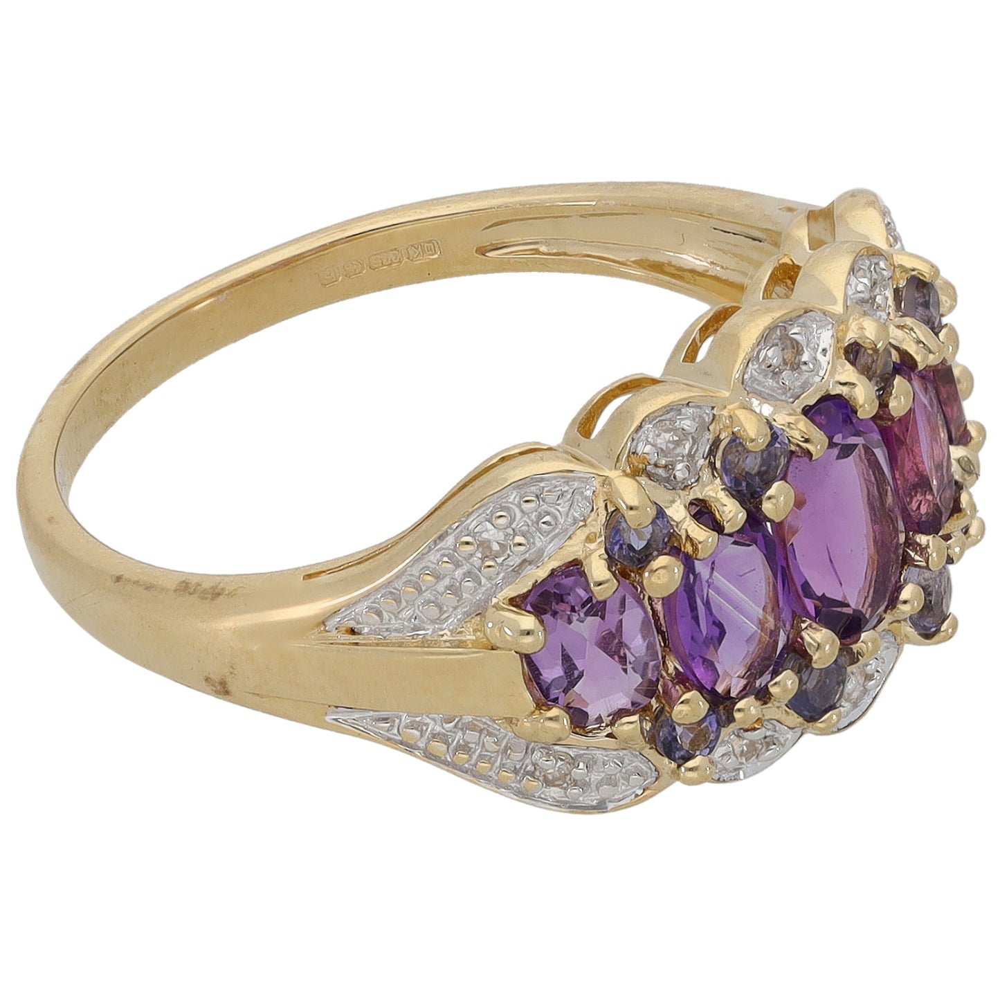 9ct Gold Amethyst & Iolite & 0.05ct Diamond Dress/Cocktail Ring Size N