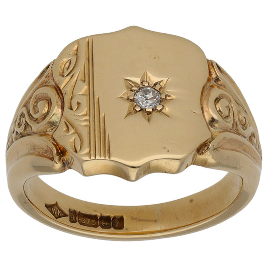 9ct Gold 0.05ct Diamond Single Stone Patterned Signet Ring Size T
