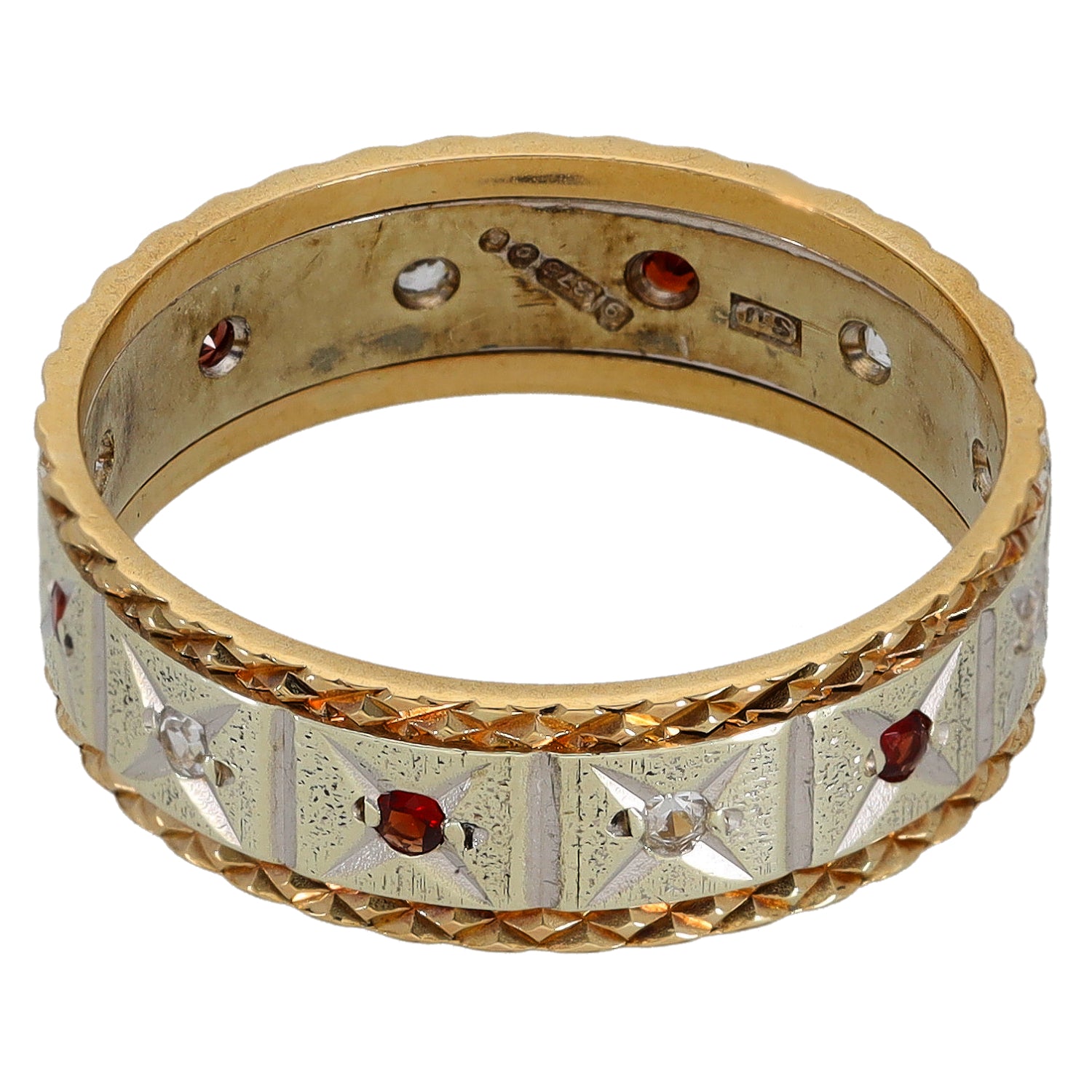 Bicolour gold wedding ring with engraved pattern, red garnet stones and clear CZ accents