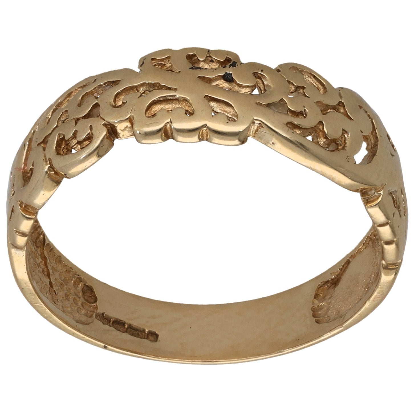 9ct gold wedding ring with engraved sculpted motifs around the band