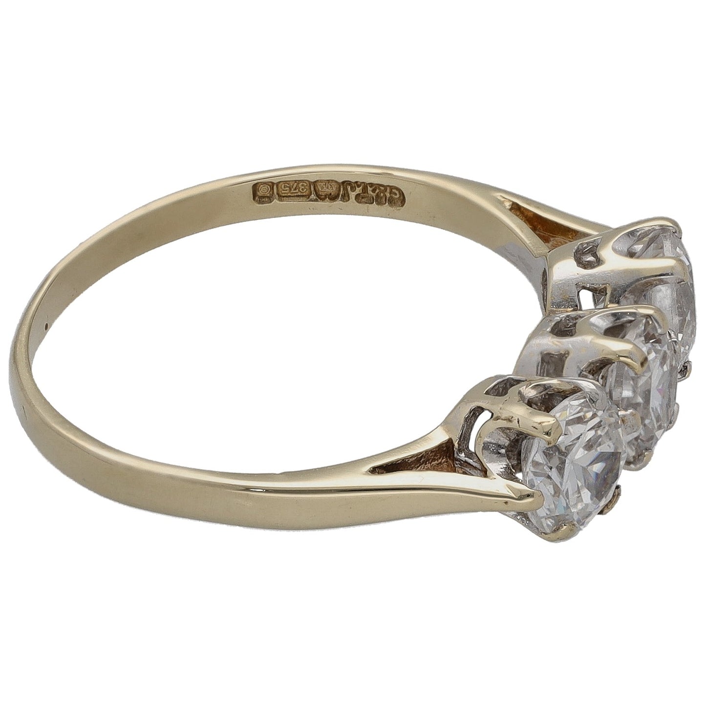 9ct gold three-stone CZ ring, round stones with side setting