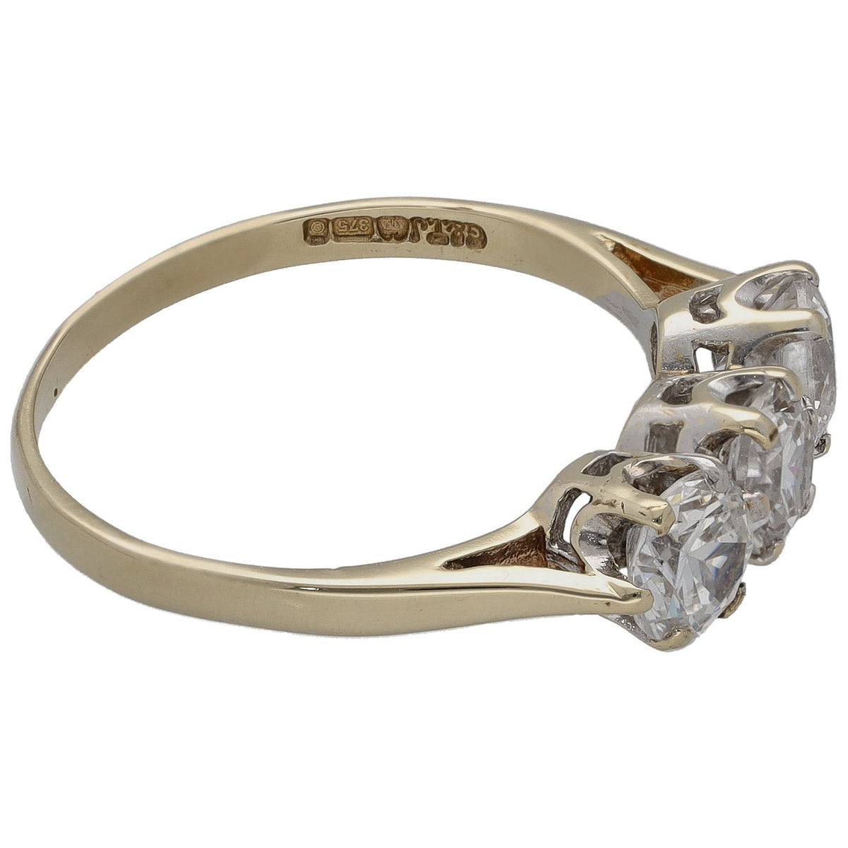 9ct gold three-stone CZ ring, round stones with side setting