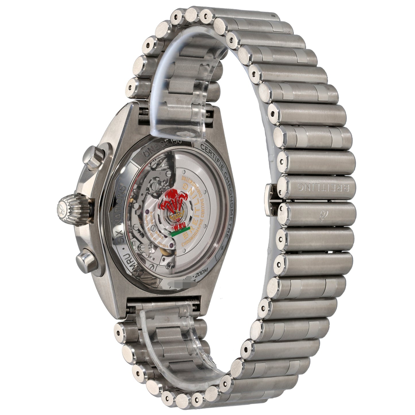 Breitling Chronomat Six Nations AB0134 stainless steel watch caseback with see-through display and metal bracelet