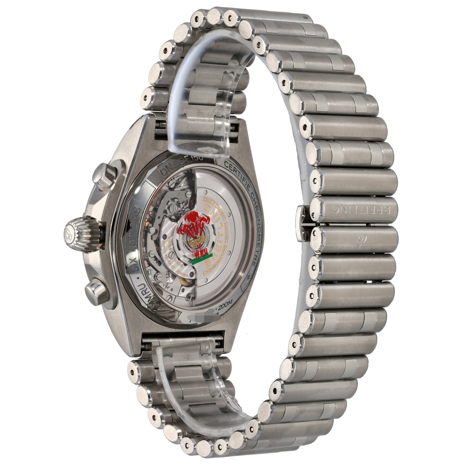 Breitling Chronomat Six Nations AB0134 stainless steel watch caseback with see-through display and metal bracelet
