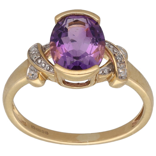 9ct Gold Amethyst & 0.03ct Diamond Dress/Cocktail Ring Size N