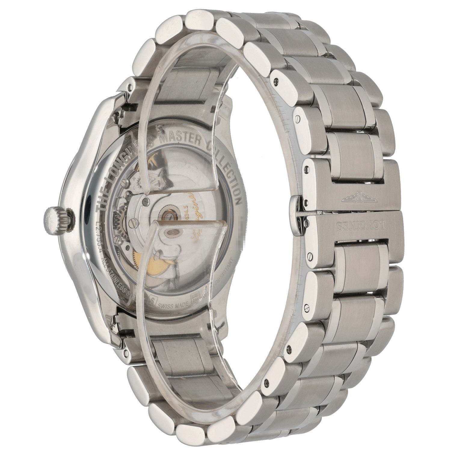 Longines Master Collection L2.755.4, with open case inside a 38.5mm stainless steel case and link bracelet