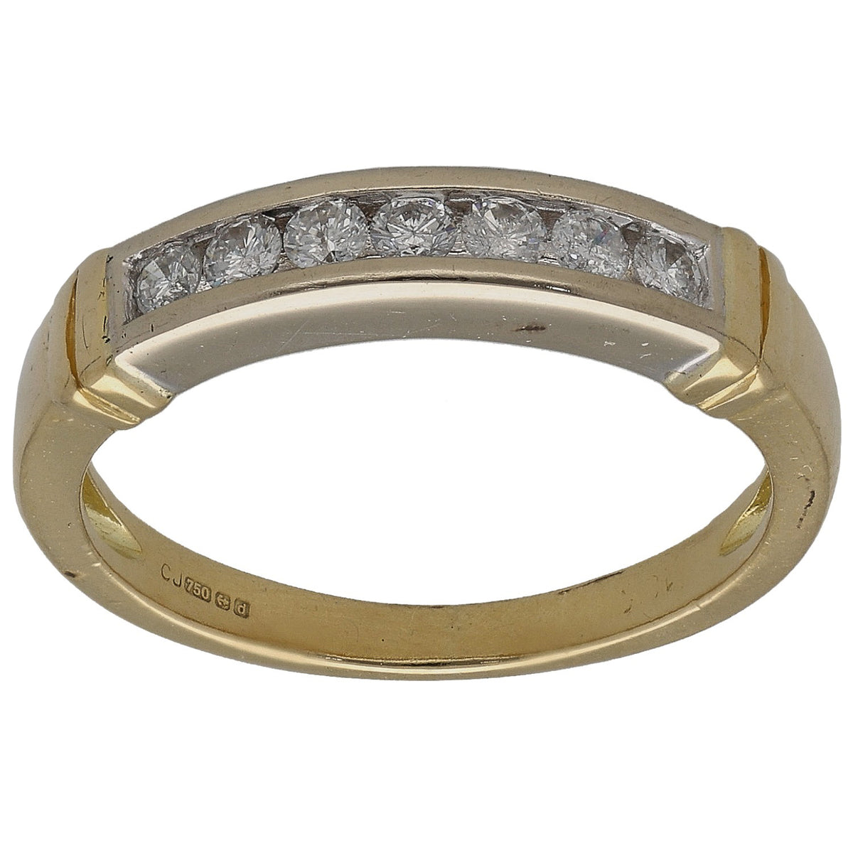 Gold half eternity ring with round diamond settings along the top band