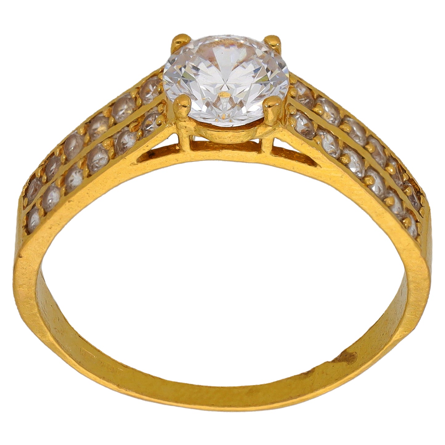 22ct Gold-tone CZ solitaire ring with round center stone and side accent stones