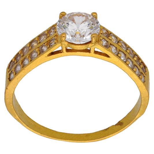 22ct Gold-tone CZ solitaire ring with round center stone and side accent stones