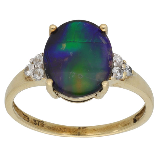 9ct Gold Ammolite & Imitation Single Stone Ring with Accent Stones Size N