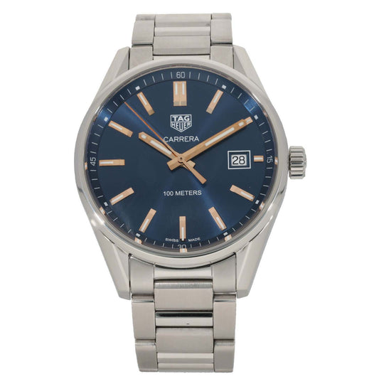 Tag Heuer Carrera WAR1112 39mm stainless steel watch, blue dial, date window, link bracelet