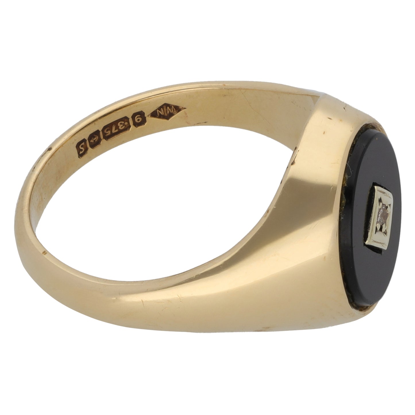 9ct Gold Onyx & 0.01ct Diamond Patterned Signet Ring Size S