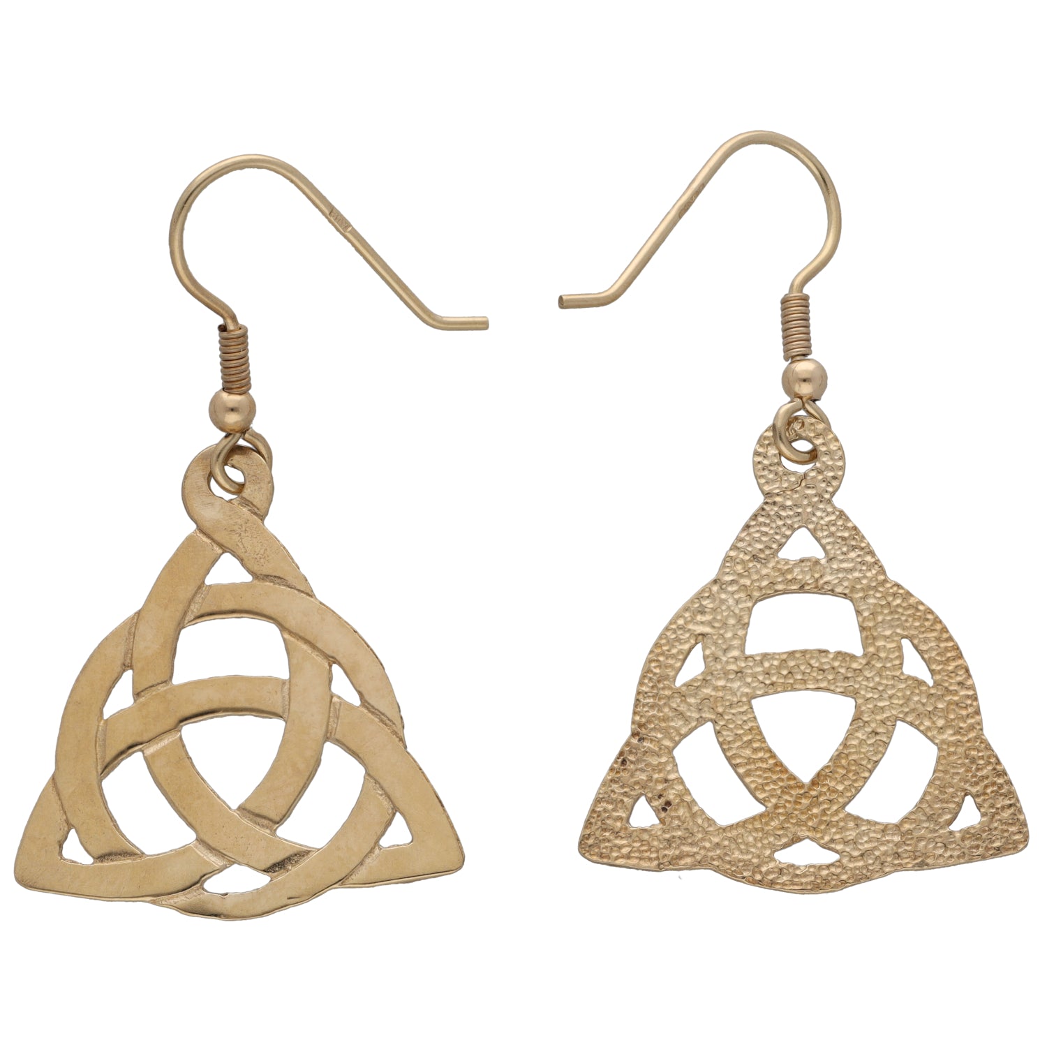 9ct gold drop earrings with openwork triangular knot design and small lever hooks