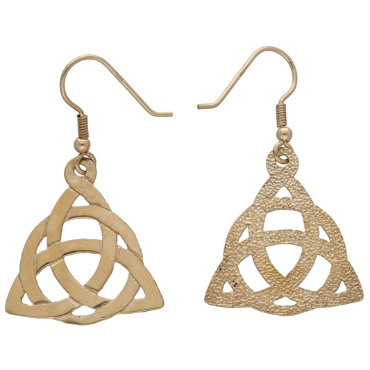 9ct gold drop earrings with openwork triangular knot design and small lever hooks