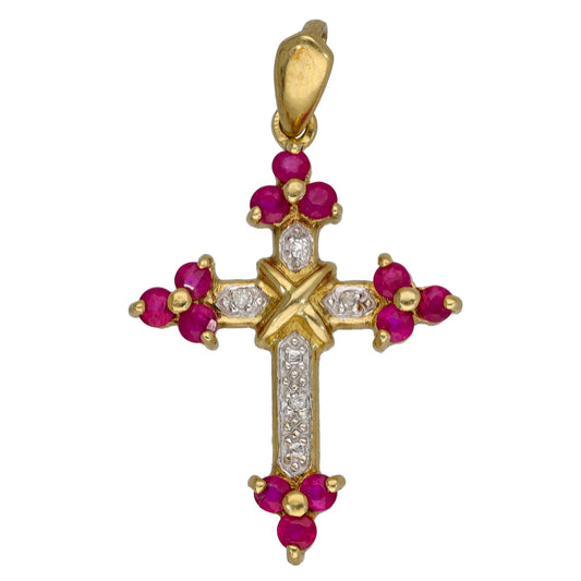9ct Gold Glass Filled Ruby & 0.02ct Diamond Cross Pendant