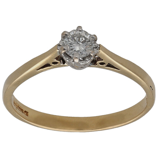 18ct yellow gold round diamond solitaire ring with prong-set center stone, size M