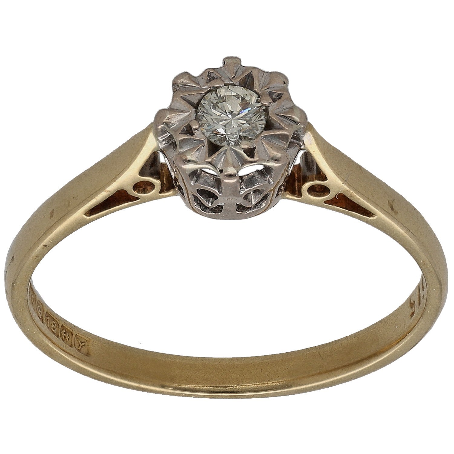 18ct yellow gold solitaire ring with round prong-set diamond centerpiece