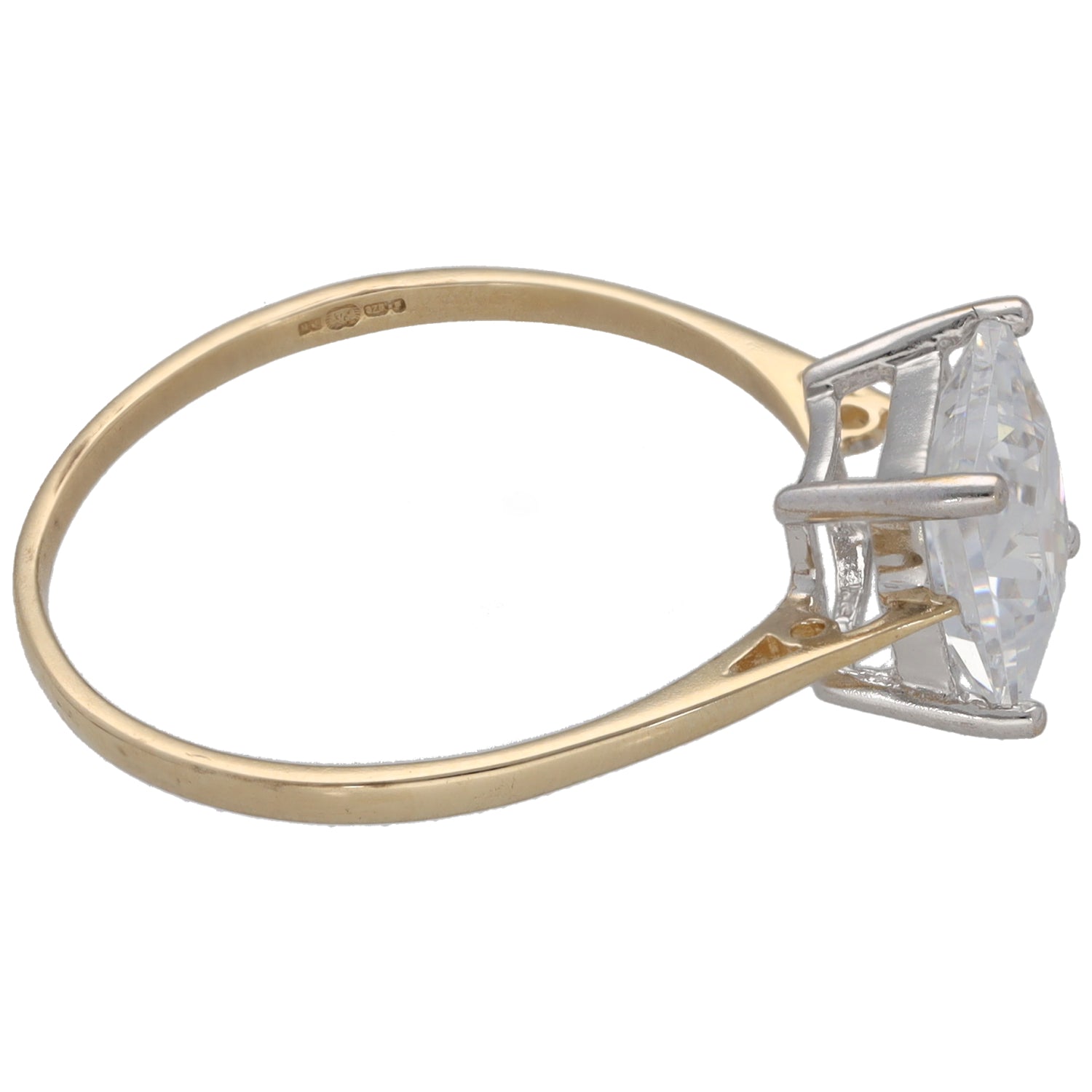9ct gold CZ ring with square-cut clear center stone and side profile setting