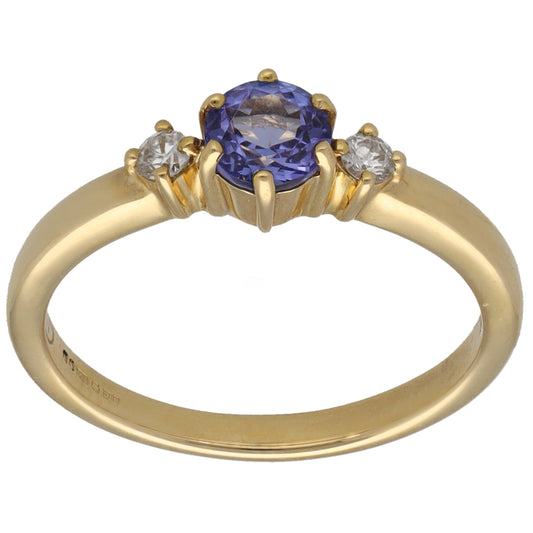 18ct Gold Tanzanite & 0.10ct Diamond Trilogy Ring Size M