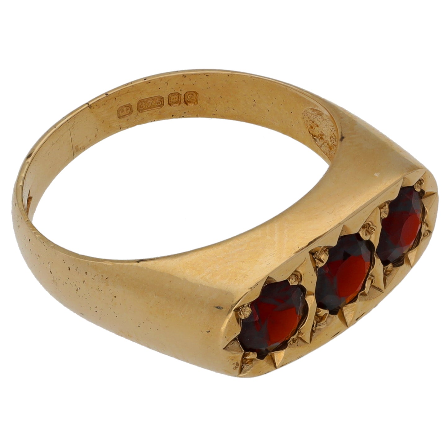 9ct Gold Garnet Three Stone Ring Size O